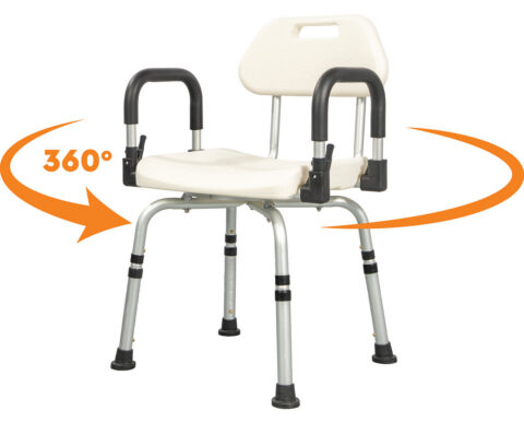 Dušas krēsls ar 360° rotējošu sēdekli un paceļamiem roku balstiem